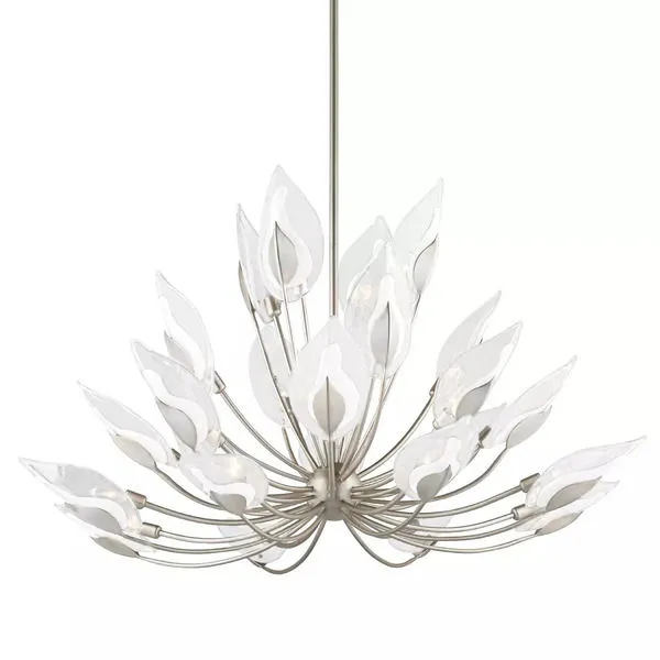Blossom 28 Light Chandelier with curved metal arms and translucent, leaf-shaped glass shades