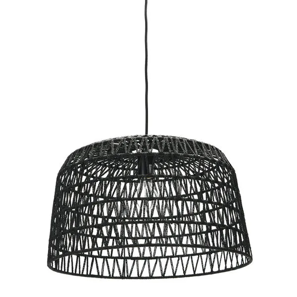 Sable black woven paper rope pendant light with chandelier-style open lattice design hanging from cord