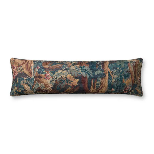 Extra-long 12x46 inch throw pillow with green and brown forest tapestry pattern featuring trees and foliage