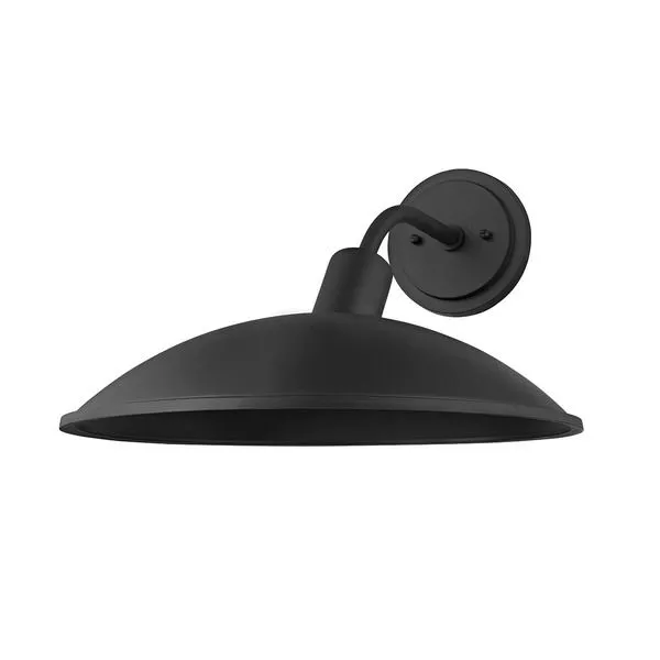 Otis Exterior Wall Sconce with wide, curved black textured metal shade and round backplate with curved arm