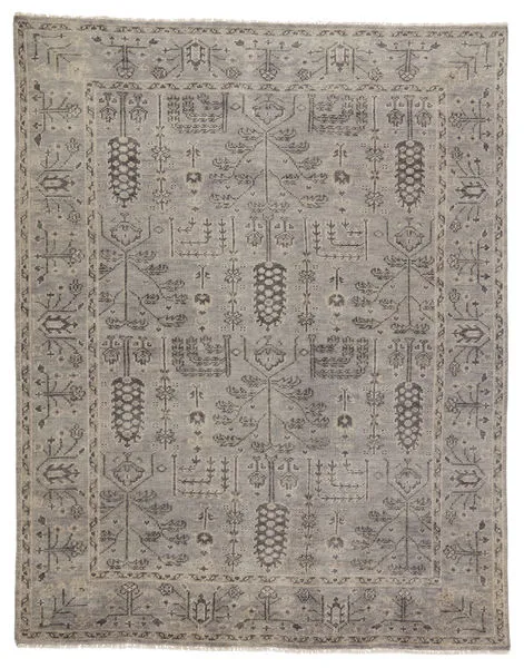 Hand-knotted oriental gray rug with traditional intricate floral and geometric motifs in tonal shades