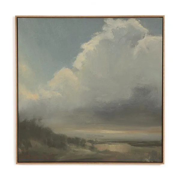 Realist oil painting on linen depicting a moody landscape with large billowing clouds over a calm river and grassy banks