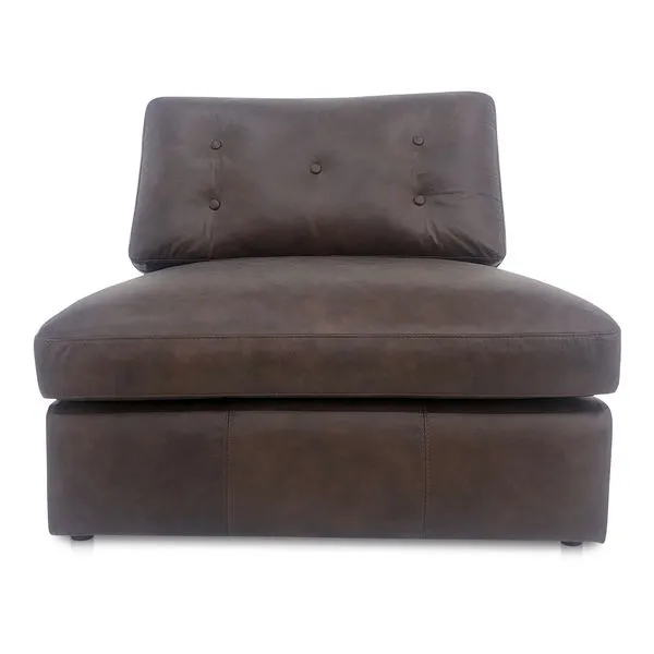 Espresso brown leather slipper chair with tufted backrest and thick cushioned seat in a modern traditional style