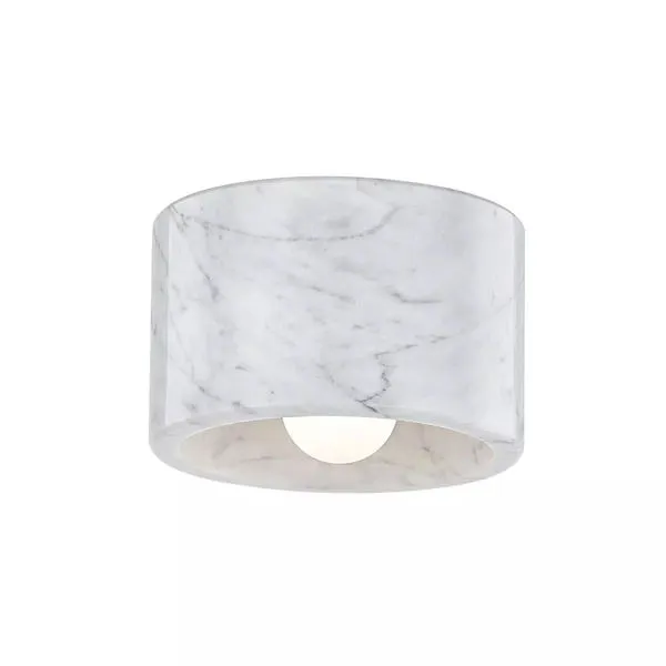 Loris 1 Light Flush Mount in white marble with subtle gray veining and an exposed round white bulb