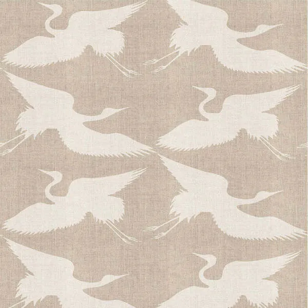 Paper Cranes Premium Matte Wallpaper with white cranes on a raw linen textured beige background