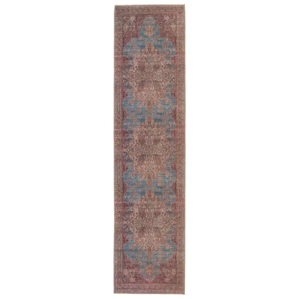 Traditional runner rug with distressed medallion pattern in dark red, blue, gold, orange, and gray hues