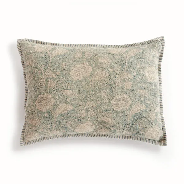 Rectangular Pascaline Pillow with a delicate green and beige floral block print and blue striped piped edge
