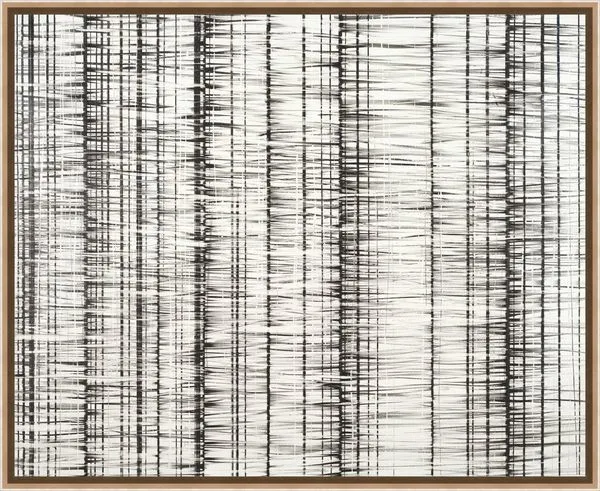 abstract painting with chaotic black lines arranged vertically on a white background in a wooden frame