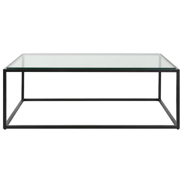 Modern coffee table with satin black iron frame and inset tempered glass top