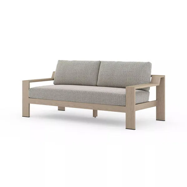 74-inch outdoor sofa with wirebrushed ash teak frame and gray textured UV-resistant cushions