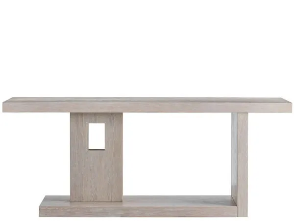 Herrero Console table with clean modern lines, cantilevered top, light wood finish, and rectangular cutout in center panel