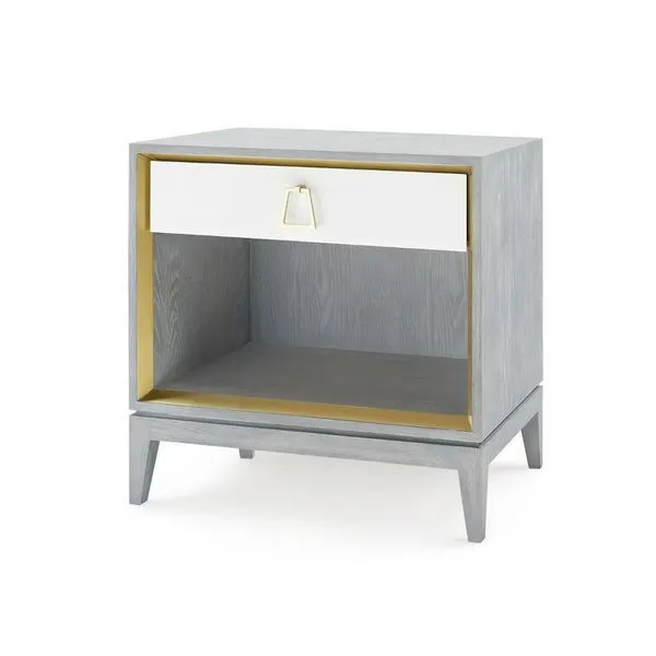 Cameron 1-Drawer Side Table with grey wood finish, white drawer front, gold trim, and tapered legs