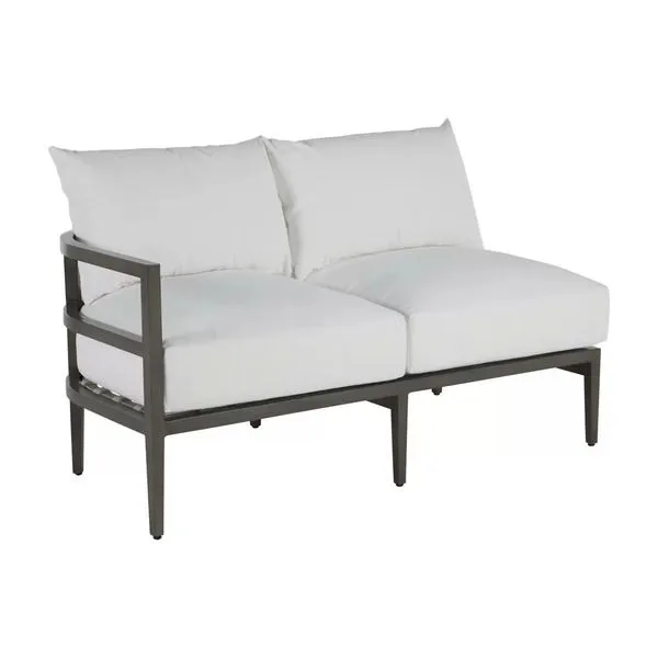 Left arm facing outdoor sectional sofa with slate gray aluminum frame and white cushions