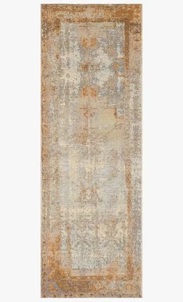 Long narrow runner view of Mika Antique Ivory Copper Rug showing the full length with the same textured abstract pattern