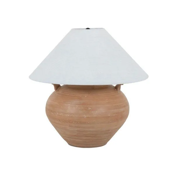 Civita Table Lamp with earth-toned terracotta vessel-shaped base and ivory linen shade topped with black iron ball finial