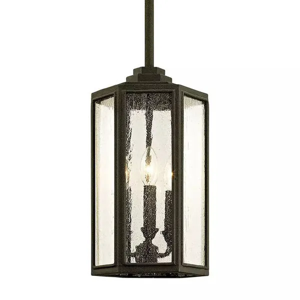 Hexagonal three-light outdoor pendant with textured clear glass panels and black metal frame