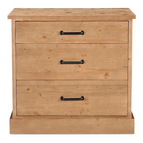 Tade 3-drawer pine nightstand with black metal handles and plank-style top on solid base