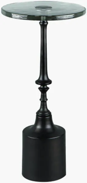 Delfin End Table with round clear glass top and sculpted black iron base in a minimalist modern style
