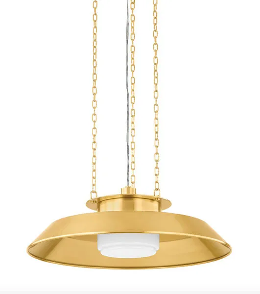 Woodrow Pendant close-up of fixture bottom and opal shade with gold reflector