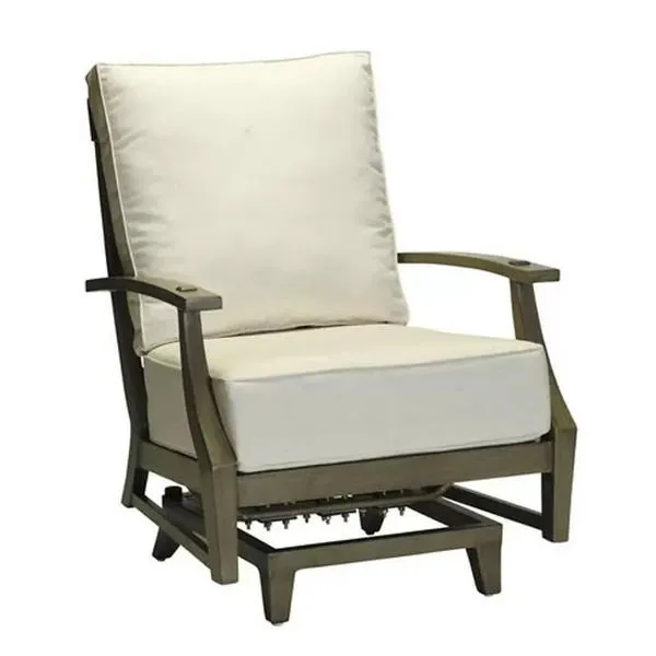 Outdoor lounge chair with aluminum frame, thick cream cushions, flat armrests, and a spring base