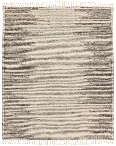 9x13 hand-knotted Patra Scandinavian rug in cream and taupe with linear pattern and braided fringe edges