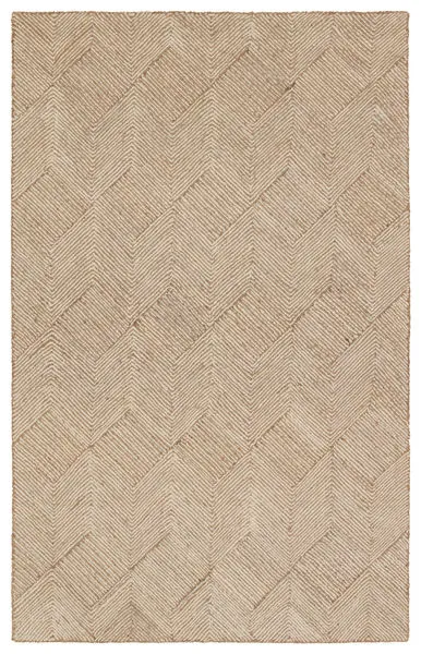 Square handmade tan and ivory rug with chevron geometric pattern in looped wool and jute fibers
