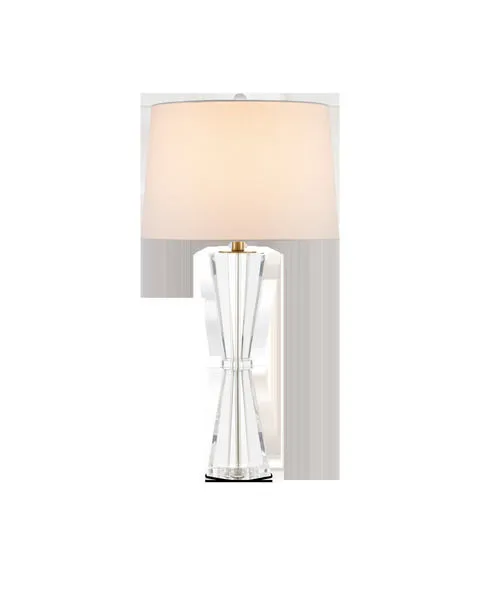Duveen Table Lamp with clear optic crystal hourglass base and polished brass octagonal ring, topped by a white drum shade