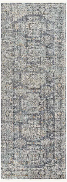 Margaret Blue/Gray Machine Woven Rug with vintage-inspired intricate pattern and no-pile texture