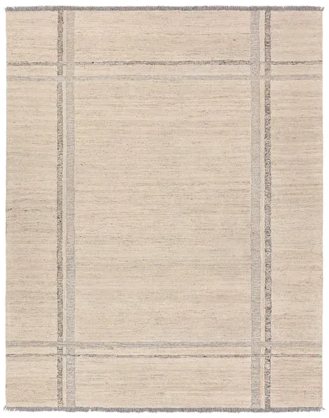 Bilal Handmade Striped White and Gray Rug with geometric trellis pattern and short gray fringes