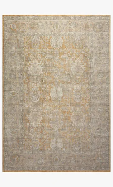 Traditional Rosemarie rug in gold and sand tones with intricate faded floral medallion pattern