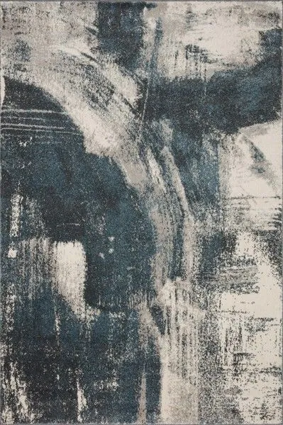 Modern abstract Spirit Indigo and Ivory rug with dynamic brushstroke pattern in blue and off-white tones