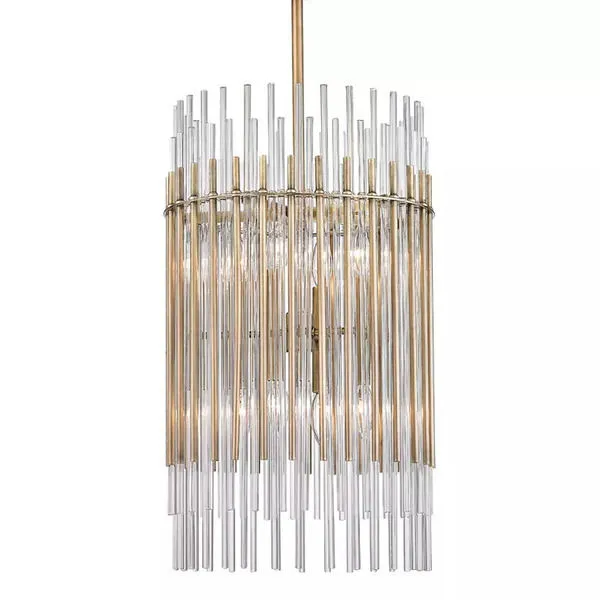 Wallis 8 Light Pendant with staggered clear glass and warm metal rods in a layered drum shape