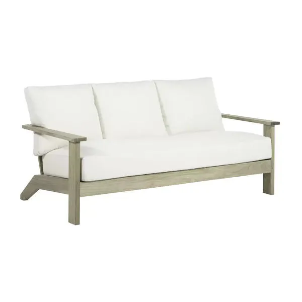 Ashland Teak Sofa with light gray teak frame and white cushioned seat and back, seating three