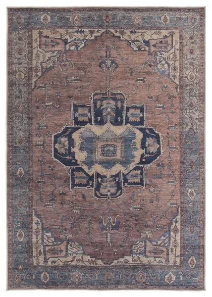 Barrymore vintage-style area rug with distressed medallion pattern in blue and dark brown tones