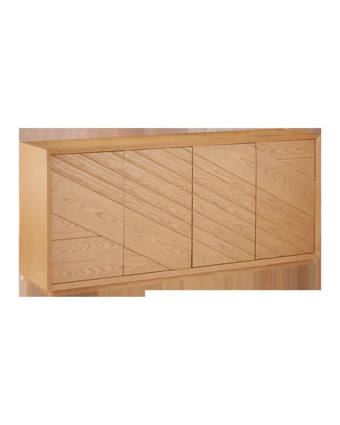 Margot Natural Oak Credenza with light oak finish, white-oak veneers, chamfered profile and angled patterned doors