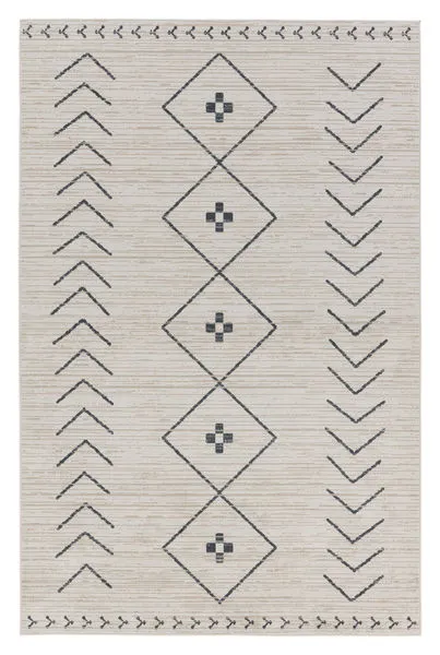 Cream and tan area rug with dark slate modern Moroccan diamond and arrow pattern