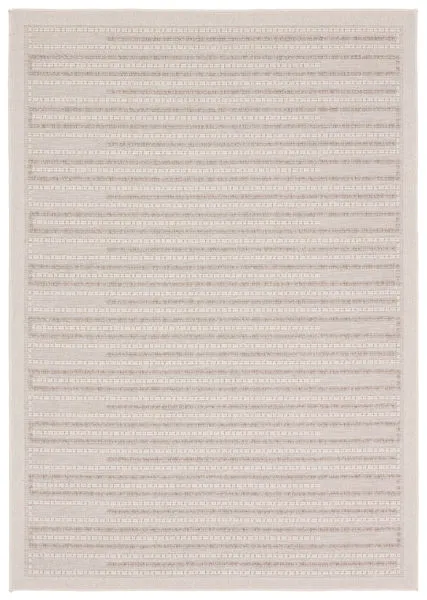 Taupe and cream striped flat weave indoor/outdoor rug with linear high-low pile in 5 by 8 feet size
