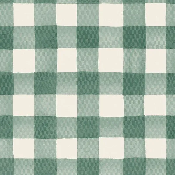 Large-scale watercolour gingham wallpaper in bottle green and white with matte finish and visible paint strokes
