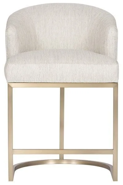 Charley Barrel Base Stool with curved barrel-shaped cream fabric seat and brass-finished metal base with clean lines