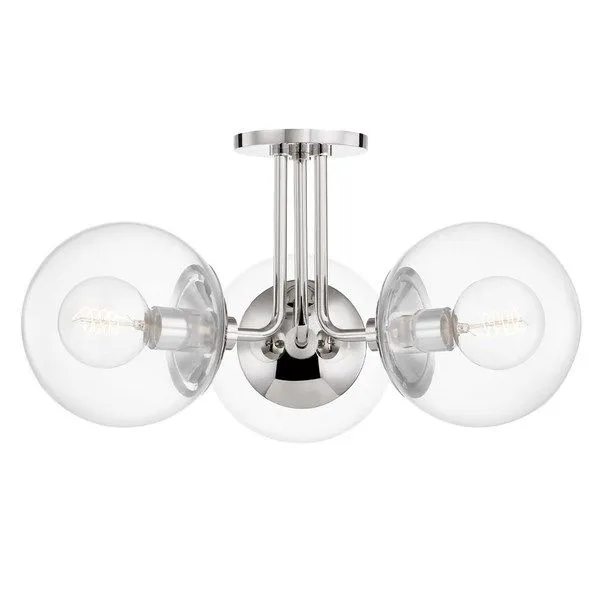 Meadow 3 Light Semi Flush ceiling fixture with three clear glass globes and polished chrome steel frame