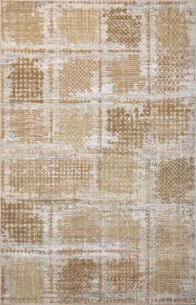 Rectangular area rug with a distressed block pattern in earth and sand tones, woven polypropylene and polyester blend