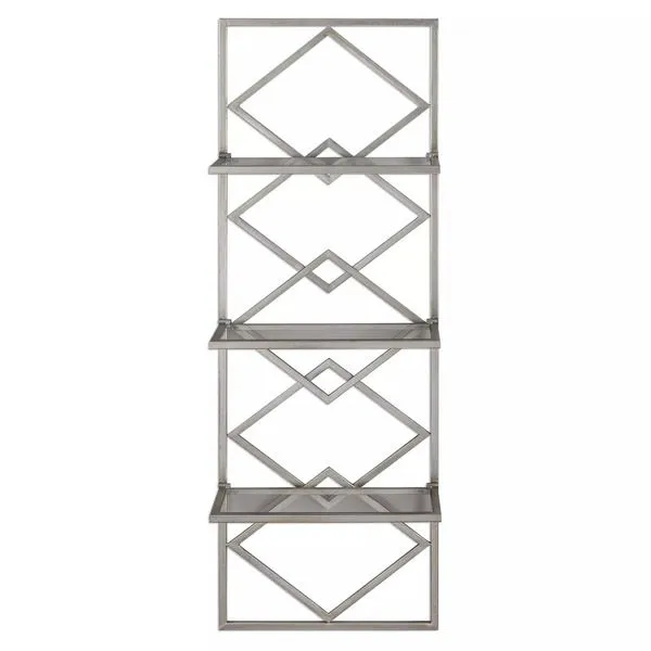 Uttermost Silvia Silver Wall Shelf with geometric diamond-patterned metal frame and three horizontal shelves in a sleek si...
