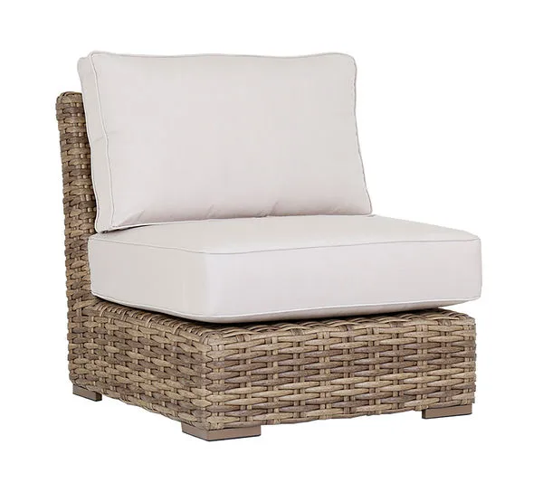 Havana Armless Club chair in all-weather Aged Tobacco wicker with thick cream cushions, no arms, low square profile