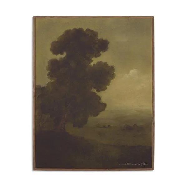 Muted green and brown landscape painting with a large tree and soft clouds, framed in rustic walnut