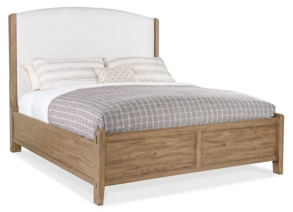 Vineyard Row California King bed with Pecky Hickory wood frame and white Zin fabric upholstered headboard