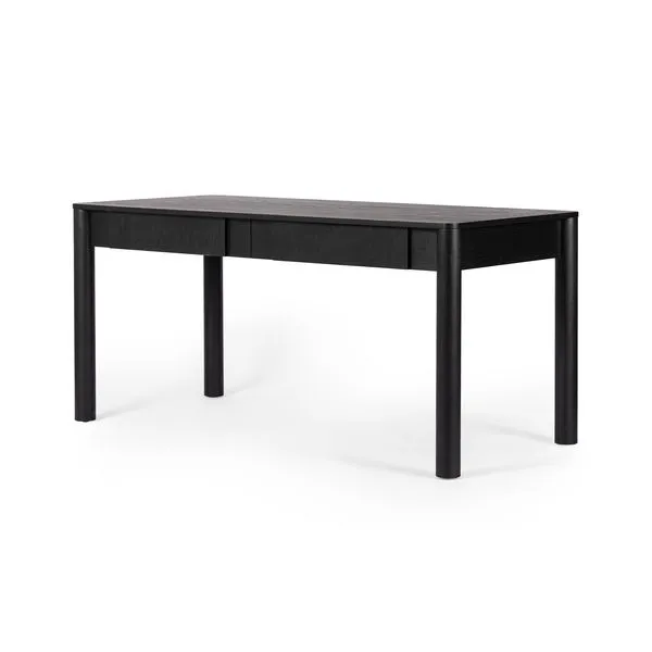 Two-drawer black-finished oak writing desk with clean lines and rounded legs