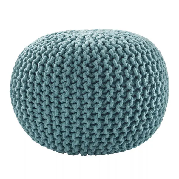 Round Spectrum Pouf in aqua with chunky-knit cotton texture, ideal as ottoman or extra seating