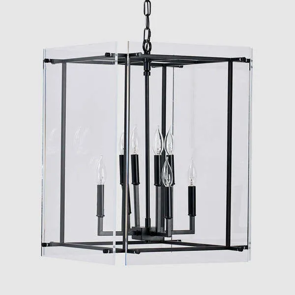 Lena 9-Light chandelier with black iron frame and clear acrylic panels enclosing eight candle-style bulbs