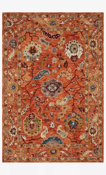 Padma Orange / Multi Rug with bold asymmetrical floral motifs and warm orange wool pile