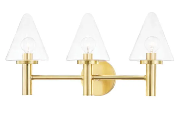 Connie 3 Light Bath Bracket with aged brass finish, three adjustable arms, and clear conical glass shades